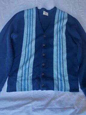Sears Men's Cardigan Sweater Vintage 1960s Size M Blue Vertical Stripes Buttons